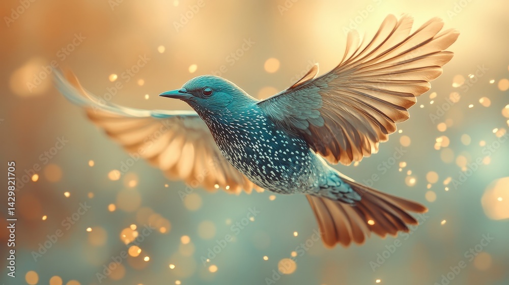 Obraz premium A vibrant, ethereal depiction of a bird in flight.