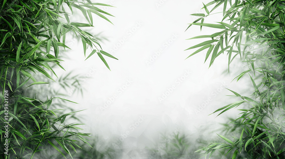 Fototapeta premium Green bamboo leaves with misty white background, serene and copy space