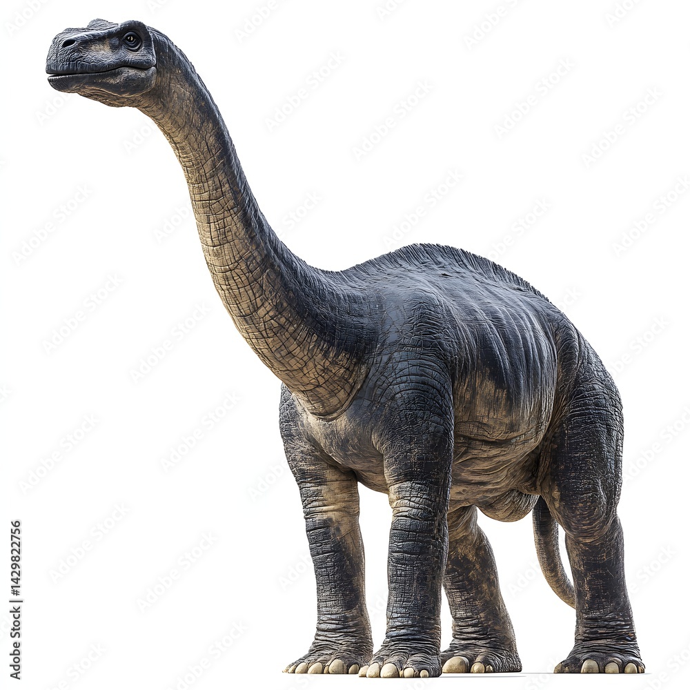 Obraz premium Majestic sauropod stands tall, its immense size and textured skin captivating the viewer. This prehistoric giant evokes a sense of wonder and awe. Mythical creature isolated on a white background