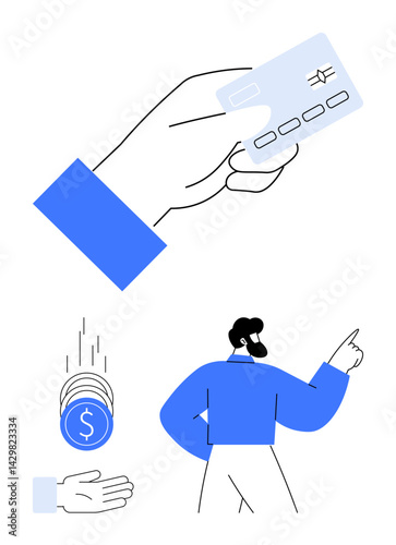 Payment card in a hand, coins dropping into an open palm, figure pointing confidently. Ideal for payment systems, financial transactions, e-commerce, budget planning, digital banking, fintech