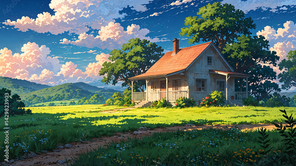 captivating anime style landscape of a house with grass trees nature glowing orange clouds and a peaceful afternoon sky premium illustration landscape background wallpaper captivating anime style landscape of a house with grass trees nature glowing orange clouds and a peaceful afternoon sky premium illustration landscape background wallpaper
