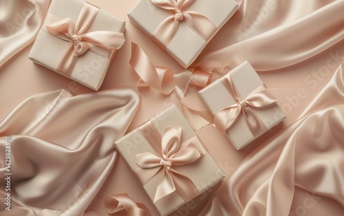 A set of gift boxes with satin ribbons on a light pink background, in an elegant and luxurious style, in a closeup view with a topdown perspective