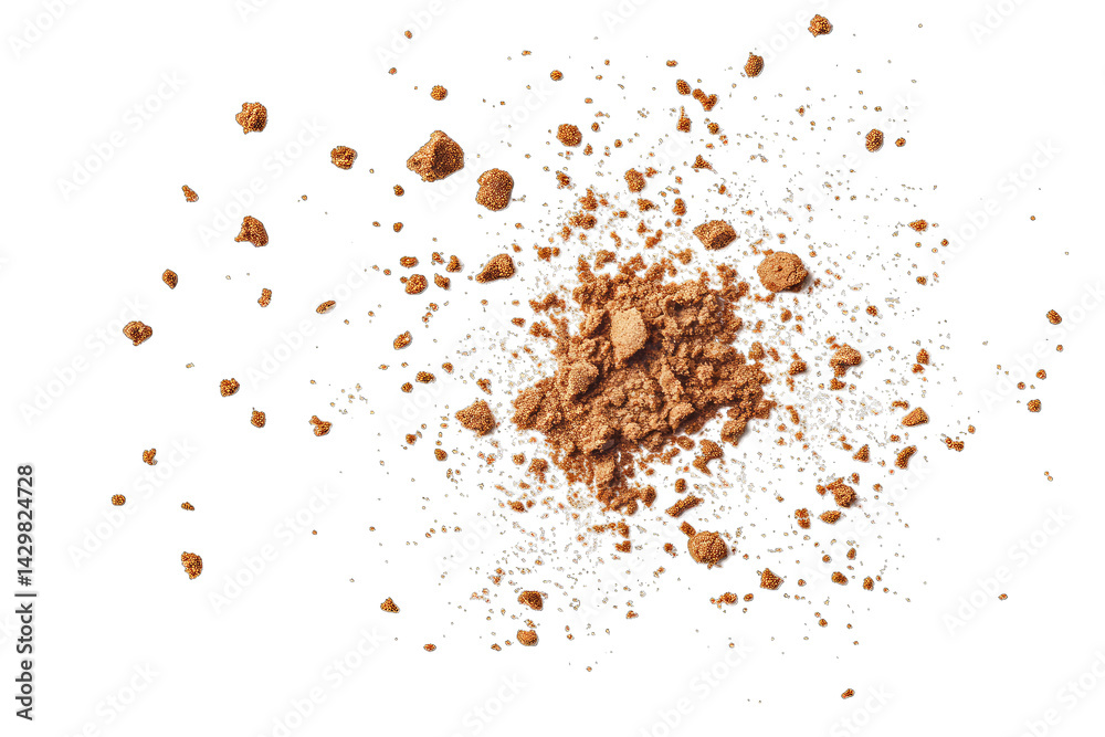 scattered pile of brown powder on a white background suggesting a natural or processed substance possibly used in cooking or cosmetics scattered pile of brown powder on a white background suggesting a natural or processed substance possibly used in cooking or cosmetics