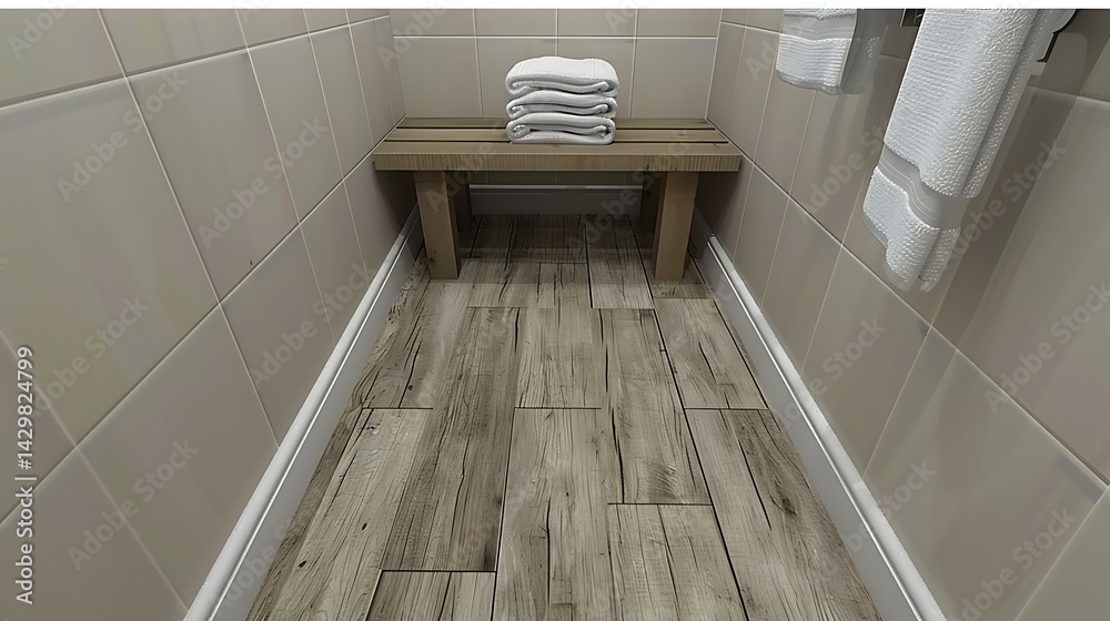 Obraz premium A serene minimalist bathroom interior with a wooden stool and soft towels