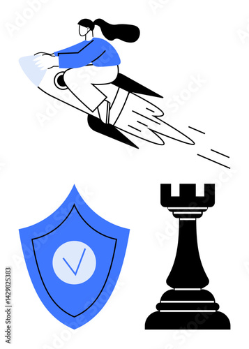 Woman on rocket symbolizing ambition and growth, shield with checkmark for security, chess rook for strategy. Ideal for business, innovation, protection, growth, technology, strategy simple landing