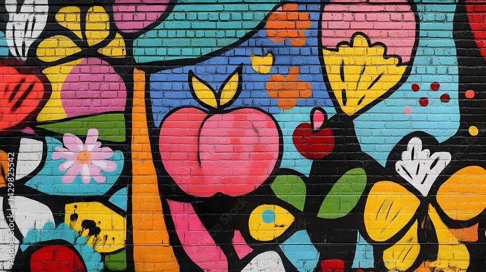 Vibrant brick canvas: A playful graffiti explosion of flora and fauna Vibrant brick canvas: A playful graffiti explosion of flora and fauna