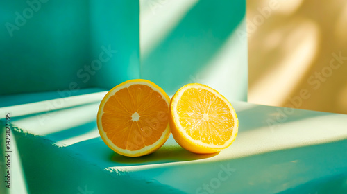 cut lemon with orange juice on bright teal setting photo