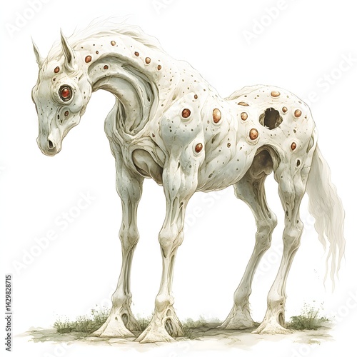 A haunting albino horse-like creature with disturbing anatomy stands on white. Red eyes pierce the stark background. Sparse grass adds to the surreal scene. Mythical isolated on a white background