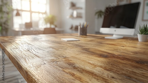 A bright, sunlit workspace with a wooden desk