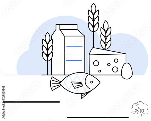 Milk carton, cheese block, fish, egg, wheat stalks, tree icon on cloud backdrop. Ideal for agriculture, food supply chain, sustainability nutrition organic farming clean eating flat simple