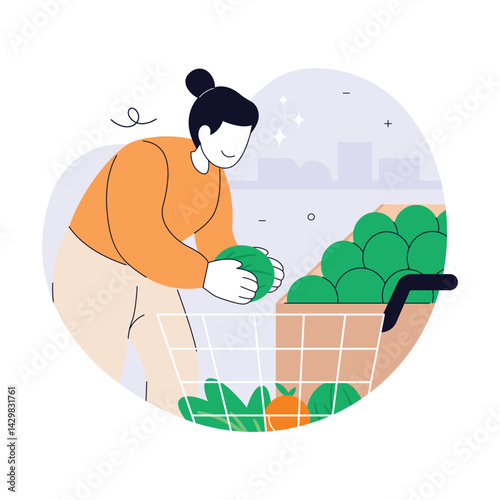 Grocery Shopping at the Supermarket Illustration. Woman selecting fresh produce in a supermarket and placing green vegetables into a shopping cart