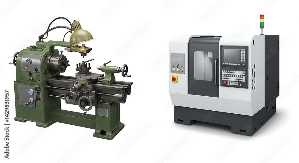 Obraz premium Lathe Evolution: Manual to CNC Machine Comparison