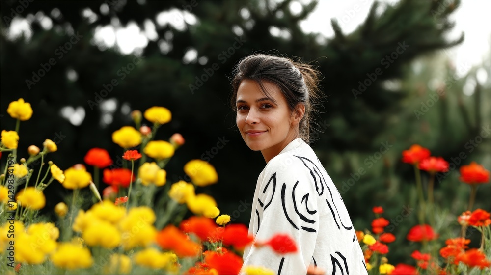 Naklejka premium Woman in Flower Garden Spring Summer Happiness Portrait