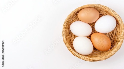 Wallpaper Mural A basket containing five eggs of varying colors resting on a clean surface, emphasizing simplicity and natural food presentation. Torontodigital.ca