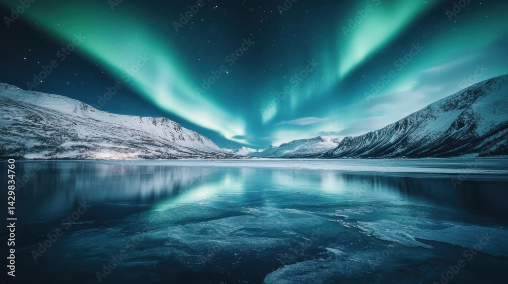 Naklejka premium Aurora Borealis over Frozen Lake and Snowy Mountains: A Breathtaking Night Scene