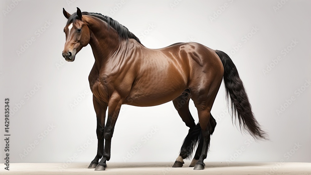 Obraz premium Elegant Brown Horse Standing Isolated on White Background