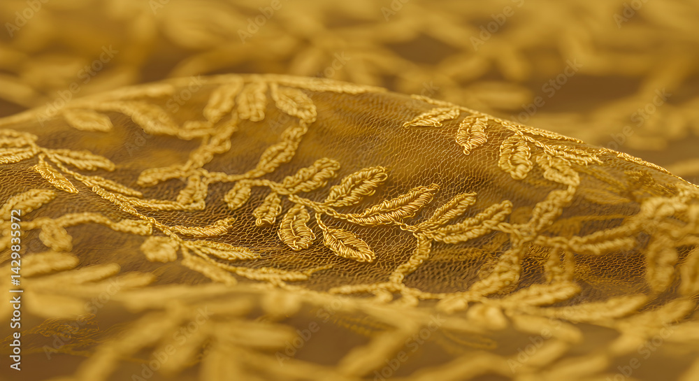 Fototapeta premium Golden Filigree: Exquisite Textile Adorned With Botanical Embroidered Detailing