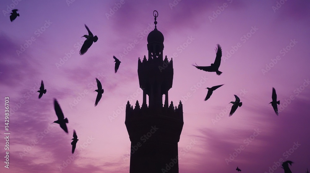 Fototapeta premium Silhouette of a mosque minaret at sunset with birds flying around.
