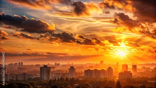 Warm Sunset over Urban Landscape, warm colors, cityscape,  warm colors