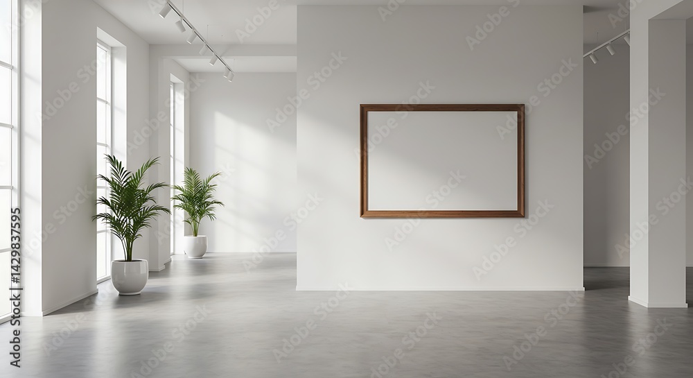 Contemporary exibition room with frame mock up on the wall. Design 3d rendering of brown wood veneer images. Contemporary exibition room with frame mock up on the wall. Design 3d rendering of brown wood veneer images.