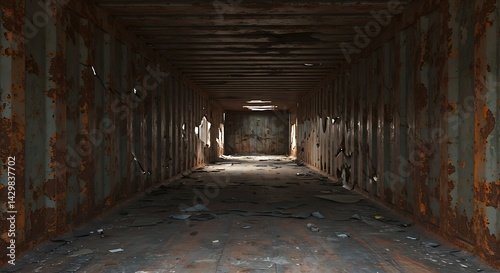 Cargo container interior. Old obsolete cargo container with rusty walls.