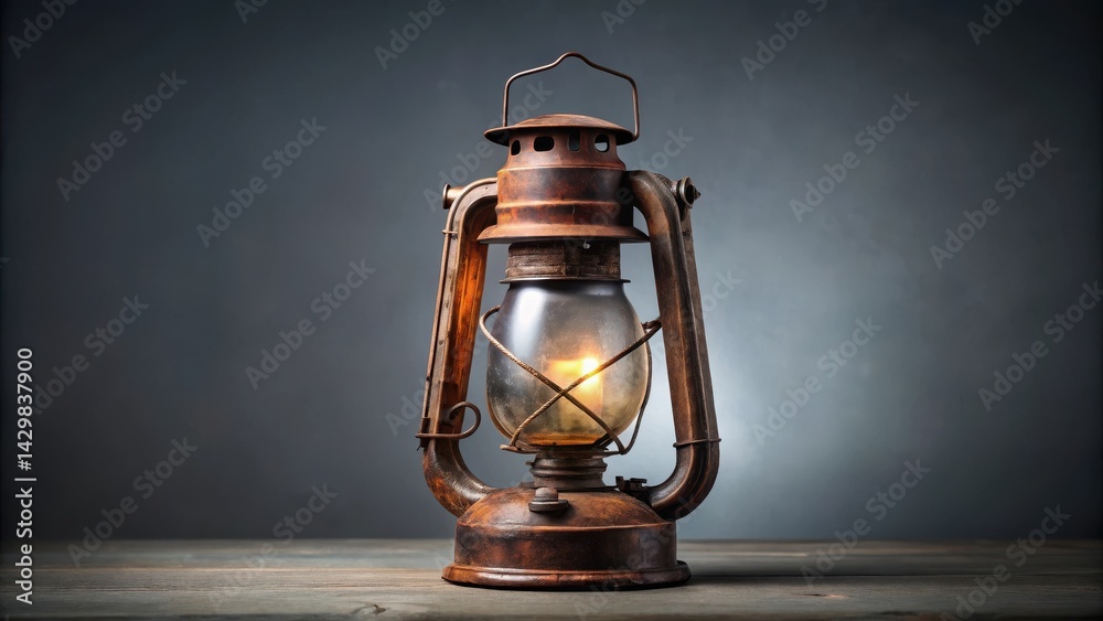 old vintage rusty kerosene black lamp isoleted on gray background Glass oil lamp Storm lantern object vintage concept , industrial style, isolated object