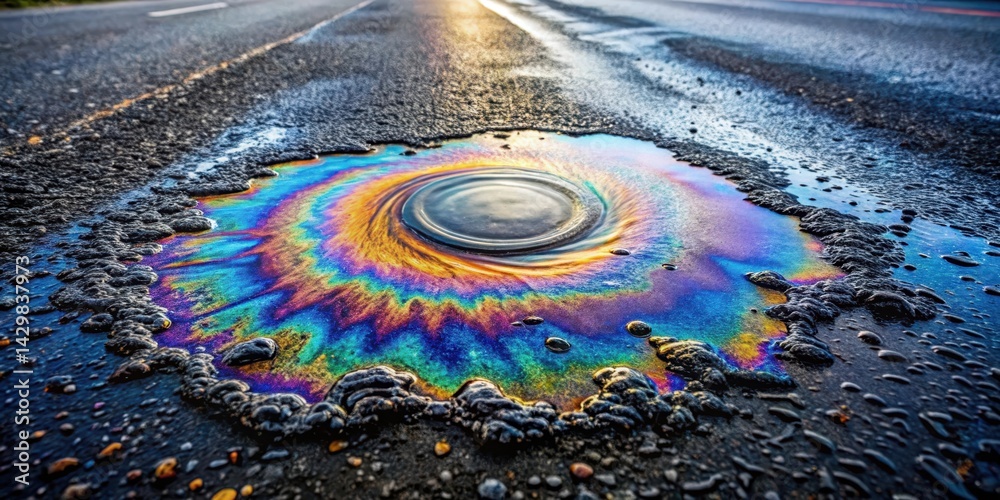 Dark Oil spill on asphalt road with distinct circular pattern of oil droplets and ripples, fuel leak, highway