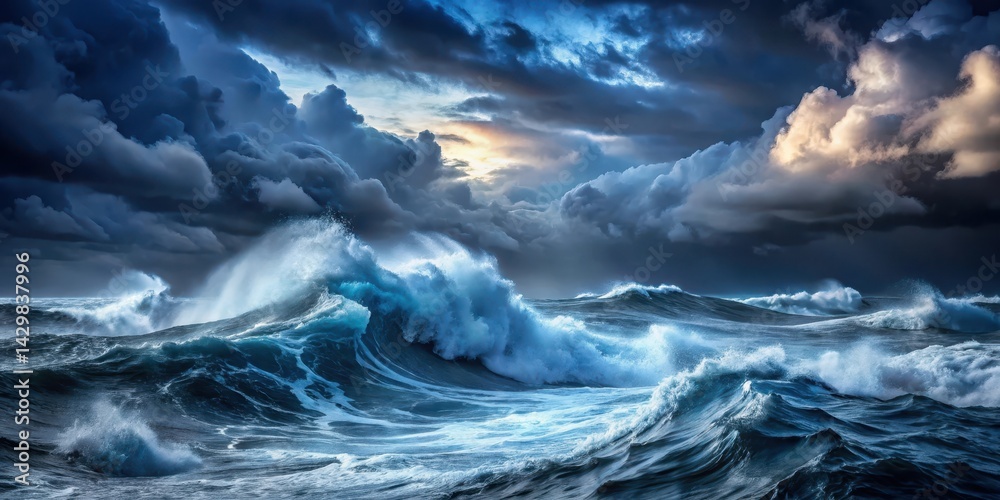 Dark blue sky with thick grey clouds and strong winds causing massive waves on a turbulent ocean at night