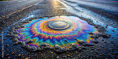 Obraz na płótnie Dark Oil spill on asphalt road with distinct circular pattern of oil droplets and ripples, fuel leak, highway w salonie