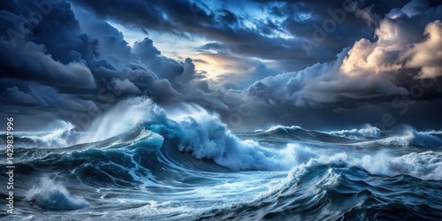 Obraz na płótnie Dark blue sky with thick grey clouds and strong winds causing massive waves on a turbulent ocean at night w salonie