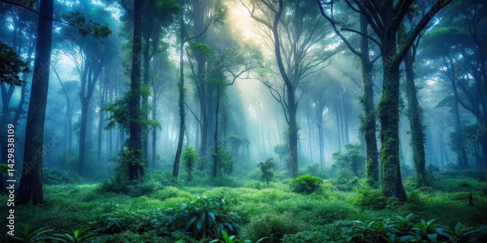 Misty forest at dusk with tall trees and overgrown bushes