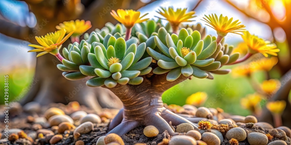 A low-growing cactus lithops plant grows in the branches of a small tree with sparse foliage, partially shaded by leaves and flowers