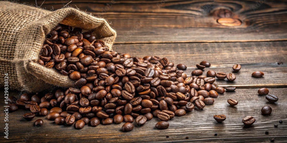 Coffee beans spilling from a burlap sack, scattered on wooden table, food spill, brown beans