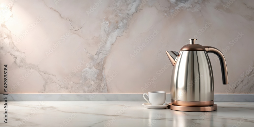Sleek electric kettle sits atop a luxurious white marble countertop surrounded by soft pink hues in a serene kitchen setting, soft, kitchen decor
