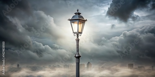 Obraz na płótnie Street lamp standing alone under grey cloudy sky with soft mist falling on its metal structure, urban landscape, atmospheric scene w salonie