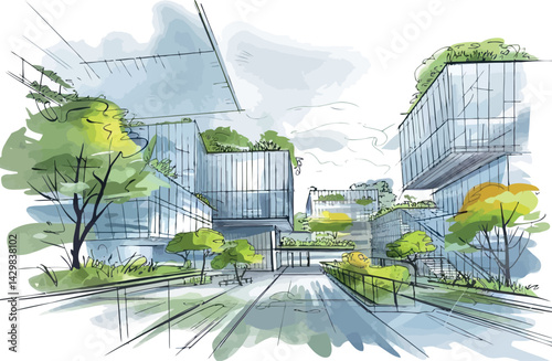  an architectural sketch rendered in a loose, watercolor style. It depicts a modern, potentially futuristic urban environment or campus, characterized by sleek buildings with extensive glass facades