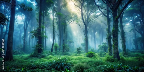Obraz na płótnie Misty forest at dusk with tall trees and overgrown bushes w salonie