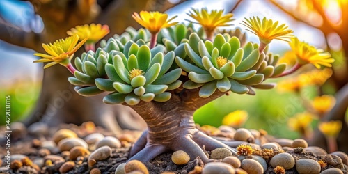 Obraz na płótnie A low-growing cactus lithops plant grows in the branches of a small tree with sparse foliage, partially shaded by leaves and flowers w salonie