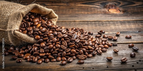 Obraz na płótnie Coffee beans spilling from a burlap sack, scattered on wooden table, food spill, brown beans w salonie