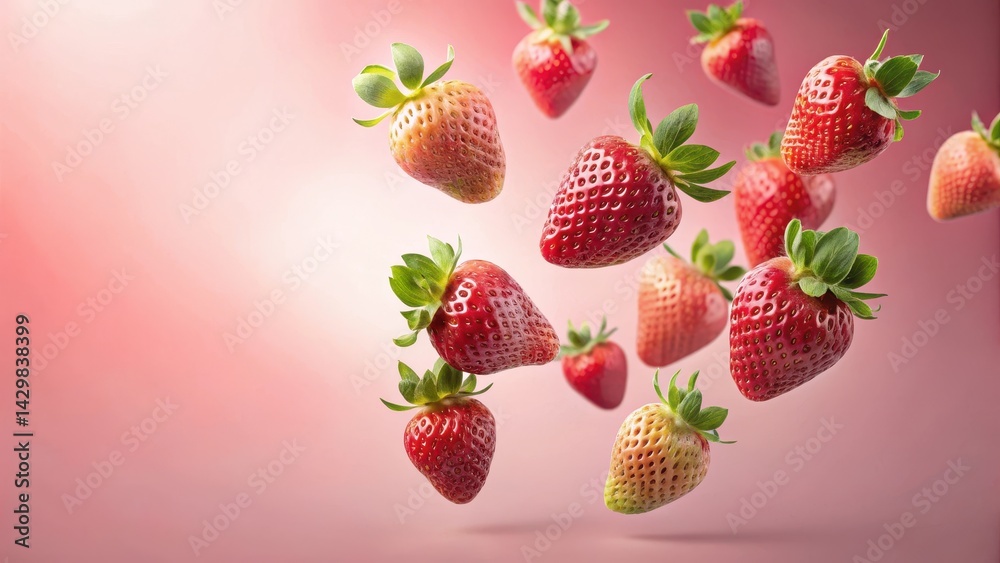 Strawberries suspended in mid-air amidst a soft pink gradient with subtle texture, ripe, colorful, ripe, colorful