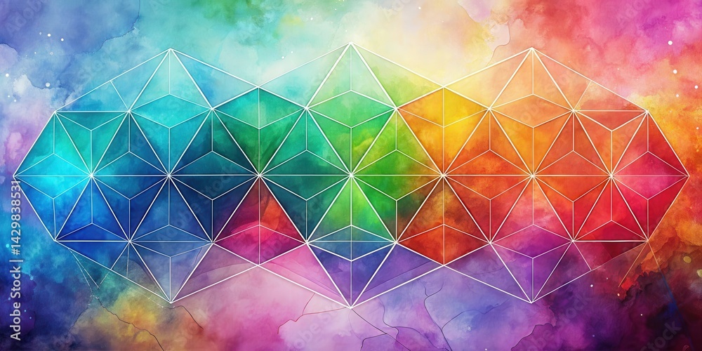 Geometric shapes blend with watercolor effect on gradient background