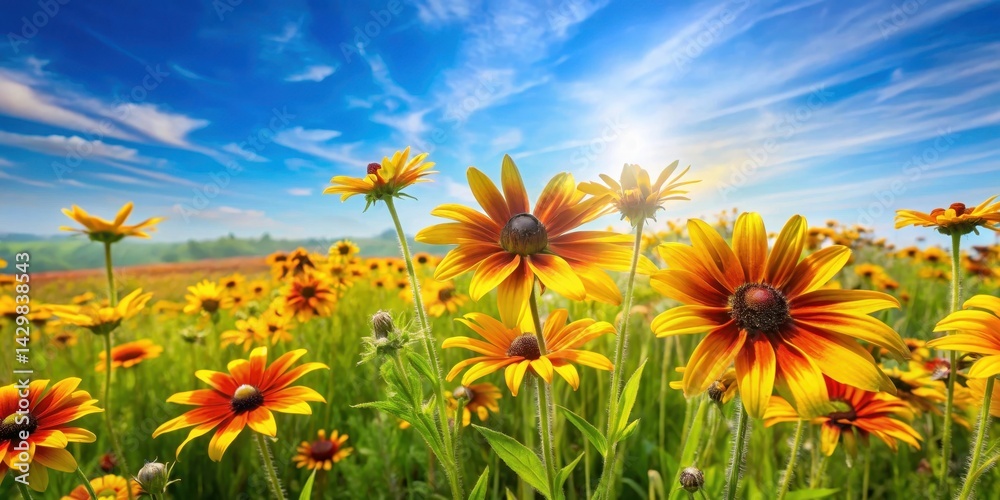 Vibrant Rudbeckia flowers blooming in a sunny meadow amidst lush green grass and wildflowers, with a soft blue sky in the background, wildflowers, garden