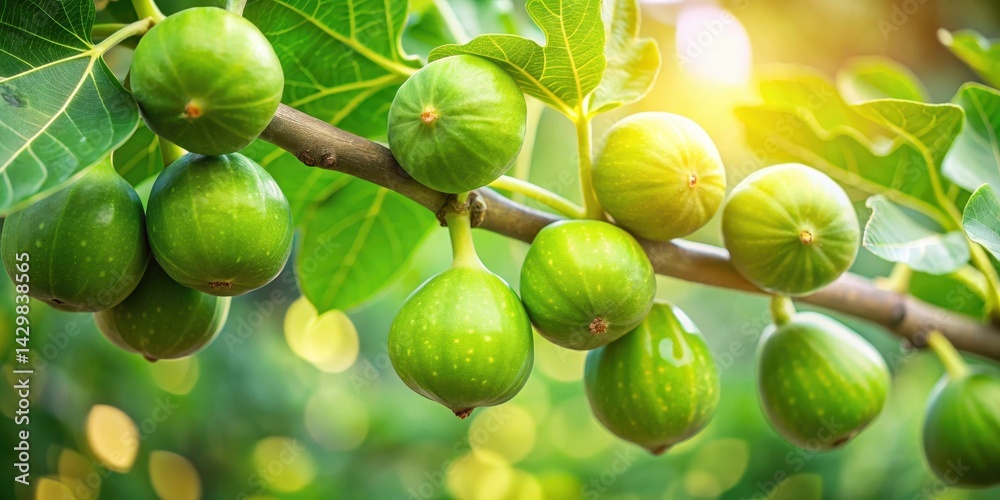 Fresh green figs hanging from a tree branch , summer, branch