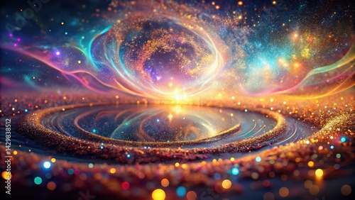 Dazzling abstract swirl of glowing particles with iridescent colors, reflecting off the surface of a mysterious, dreamlike landscape , Dreamlike Landscape, Dazzling Swirls