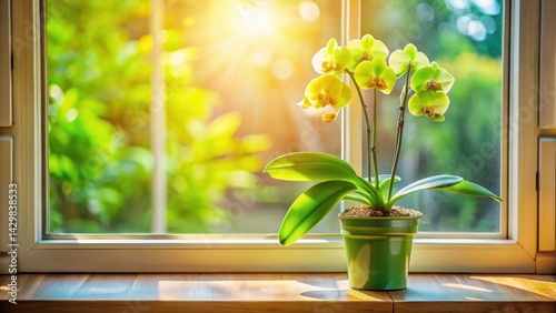 Vibrant green orchids in a small pot on a sunny windowsill