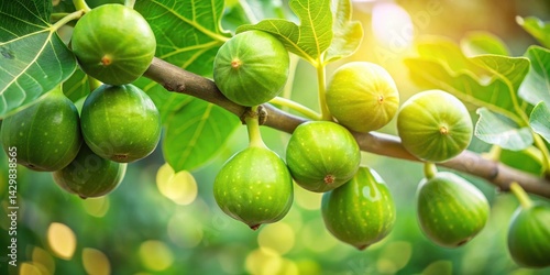 Obraz na płótnie Fresh green figs hanging from a tree branch , summer, branch w salonie