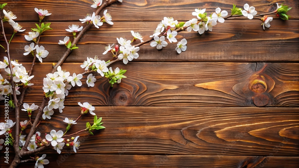 Branches of a flowering cherry on a brown table,, brown wood, spring decor, brown wood