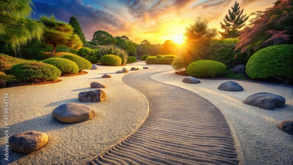 Minimalist sand and stone path leading to a serene Zen garden oasis at sunset, peaceful, serene, peaceful,serene, oasis, garden