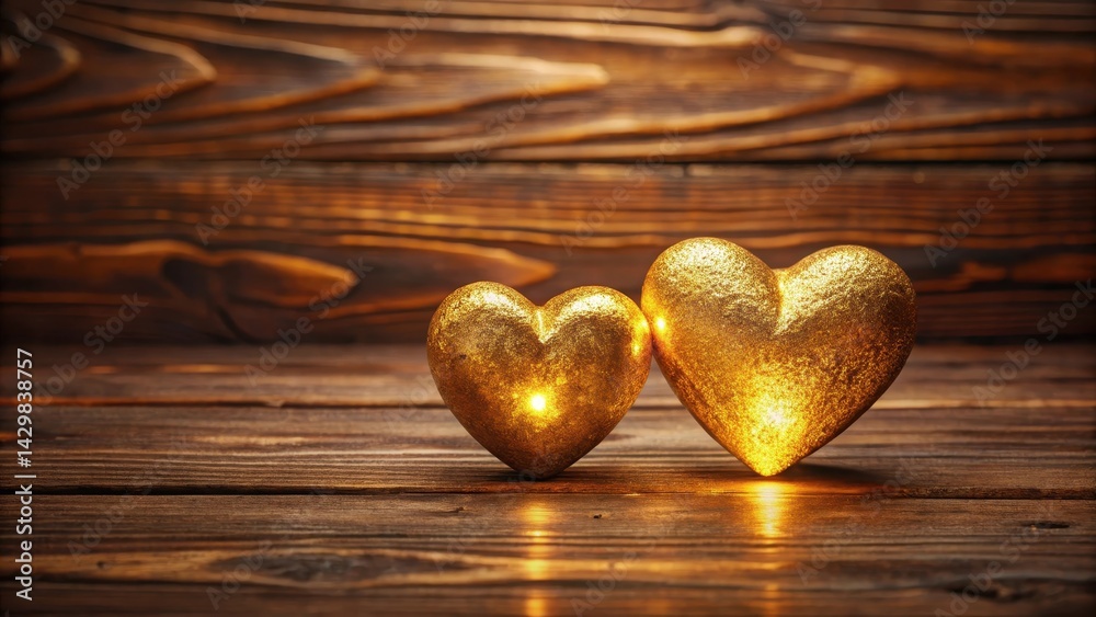 Two glowing golden hearts sitting side by side on a warm brown wooden background, symbolizing the deep connection and affection between two entities , caring, partnership