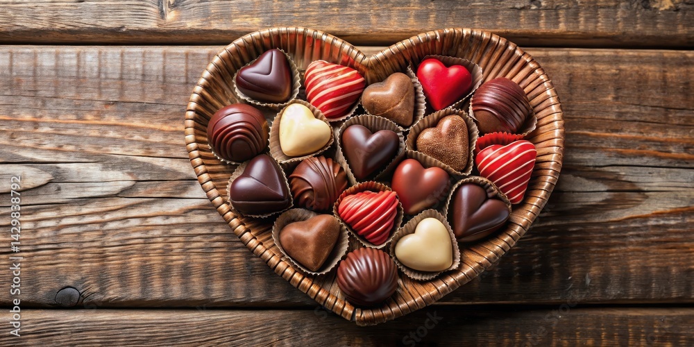 A group of assorted heart-shaped chocolates arranged in a decorative basket, arrangement, sweets, arrangement